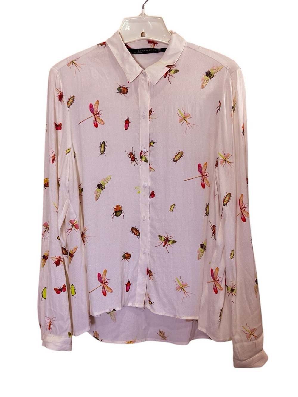 Zara Woman Cream Rayon Cottagecore Botanical Insect-Print Button-Down Shirt sz M